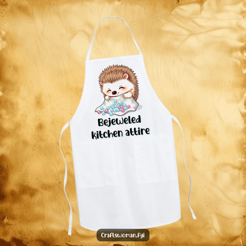 Funny hedgehog apron with a cheerful character carefully arranging sparkling beads onto a piece of cloth, ideal for crafters.