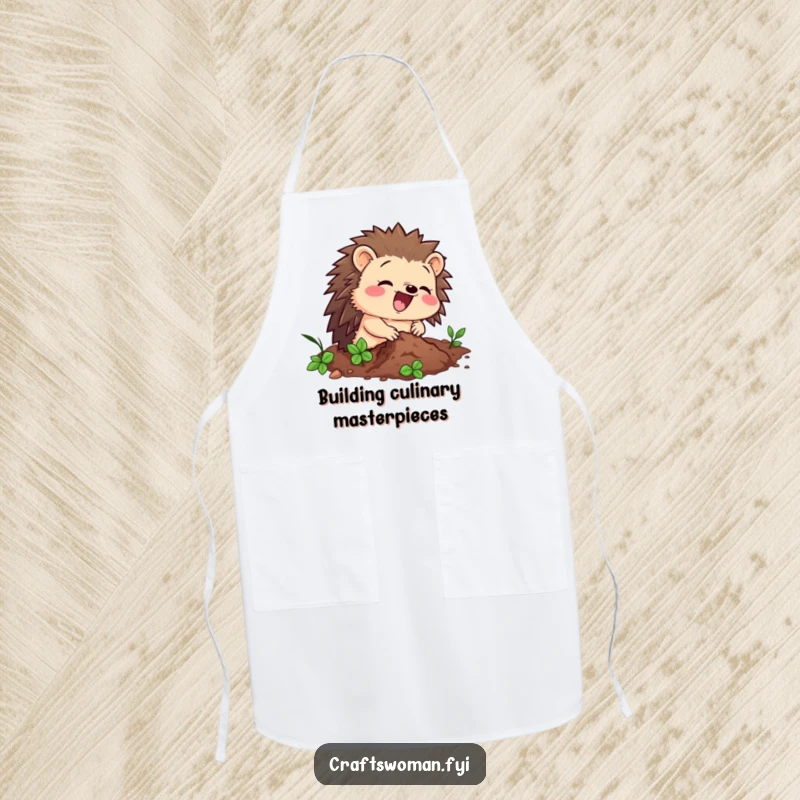Funny apron featuring a delighted hedgehog character enthusiastically hammering a tiny nail, perfect for protecting clothes during DIY projects.