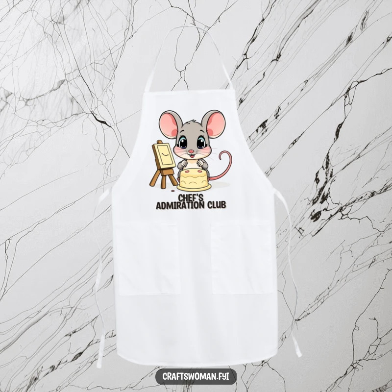 Funny apron with an amazed mouse admiring a finished artwork, perfect for inspiring creativity in the kitchen or studio.