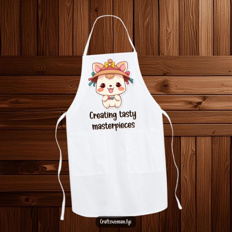 Funny Animal Chef Apron: A cheerful animal character decorates a hat with colorful ribbons and beads, ready for creative endeavors in the kitchen or studio.