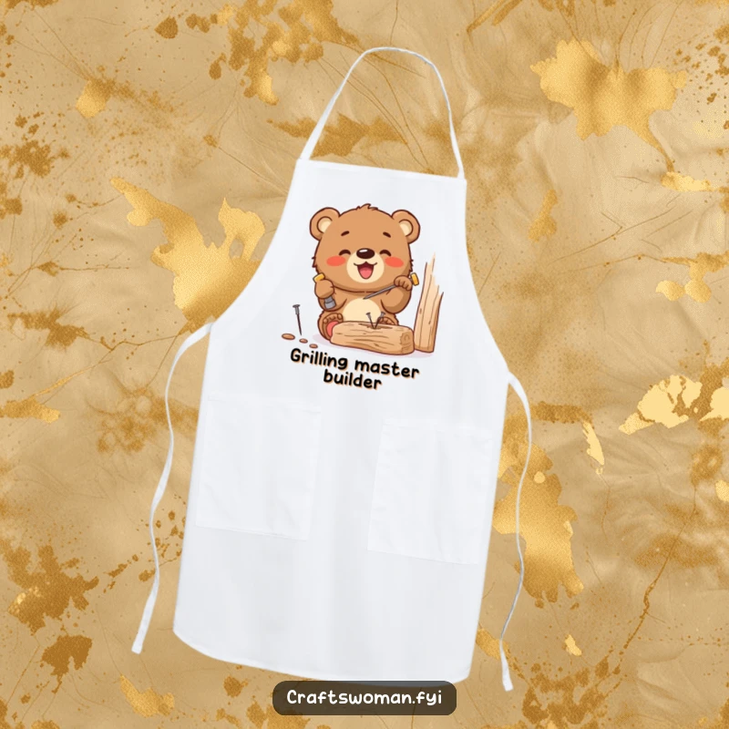 Funny apron with a gleeful bear cub hammering a tiny nail into wood, designed for DIY enthusiasts and adding cubby humor to tasks.