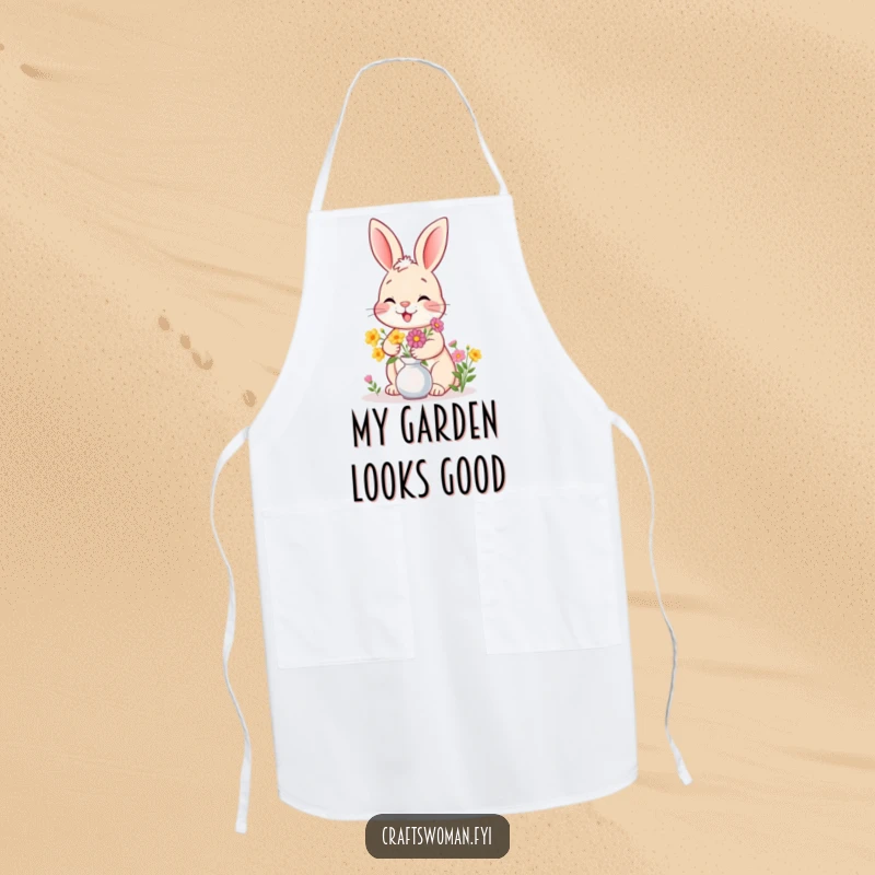 Funny bunny apron depicting a happy bunny giggling while arranging flowers in a vase, ideal for gardening or baking.