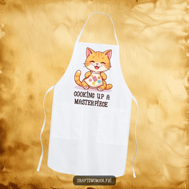 Funny Cat Apron: A happy cat wearing a tiny apron joyfully stitches a colorful patch, ideal for keeping clothes clean.