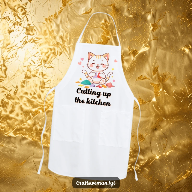 Funny cat apron with a beaming cat character happily cutting precise shapes from colorful paper, ideal for crafting protection.