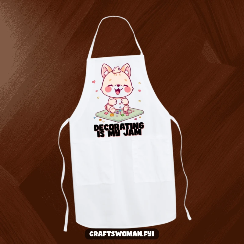 Funny Crafter's Apron: An animal character gleefully arranges small embellishments on a craft project, designed for messy creative fun.