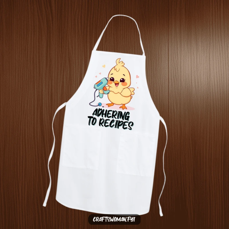 Funny crafting chick apron showing a happy chick with a grin using a glue gun to assemble a project, ideal for crafting humor.