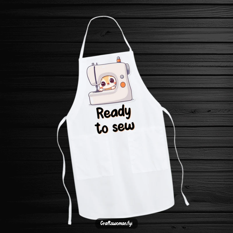 Funny apron depicting a curious animal character with wide, eager eyes looking at a sewing machine, perfect for novice sewists.
