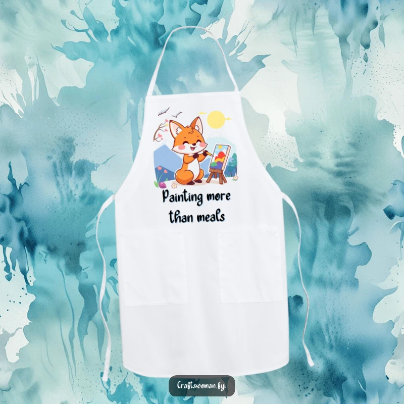 Funny apron featuring a happy fox character enthusiastically painting a colorful landscape, perfect for protecting clothes while creating art.