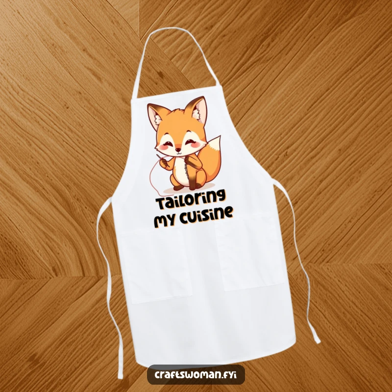 Funny fox sewing a ripped seam on a durable apron, offering protection and humor for crafters and chefs.