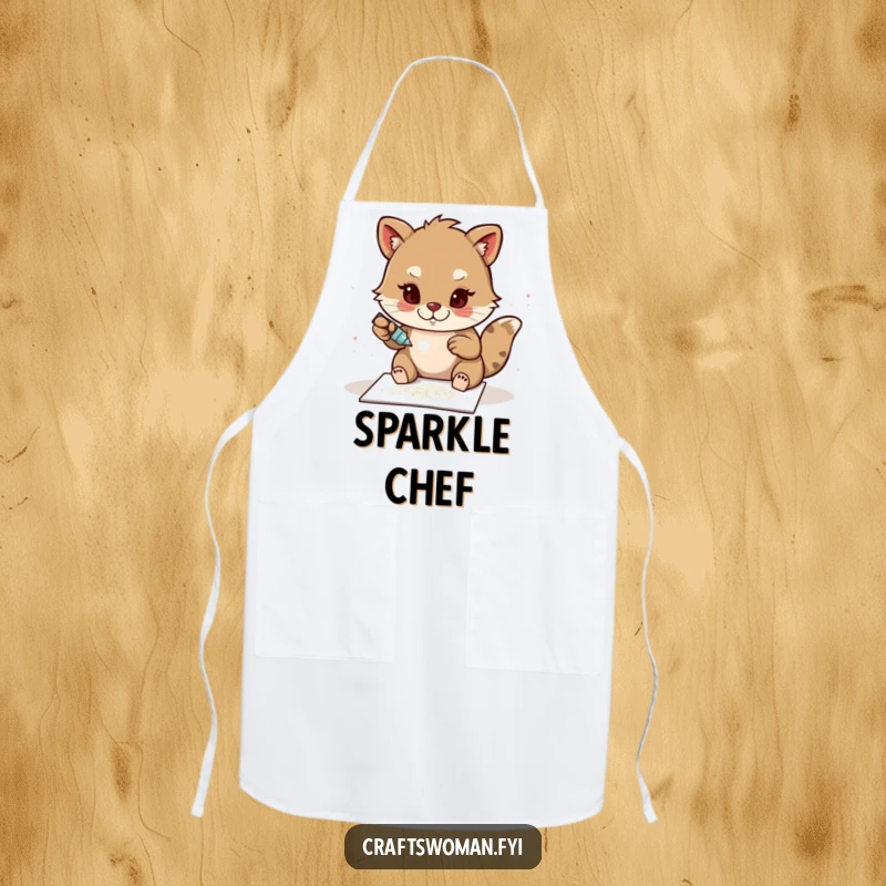 Funny Glitter Apron: A determined animal character glues sparkling glitter onto a handmade card, designed for protection during glitter-filled crafting.