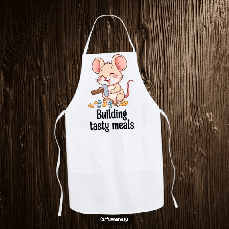 Funny mouse apron with a delighted mouse character using a miniature hammer to assemble small pieces, ideal for project protection.