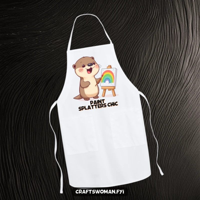 Funny otter apron depicting a happy otter painting a vibrant rainbow on a canvas, ideal for kitchen creativity.