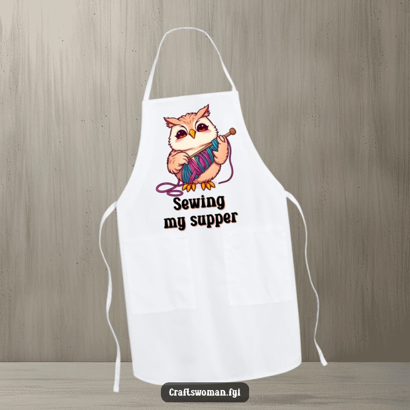 Funny Owl Apron worn by a joyful owl expertly threading yarn, perfect for kitchen creativity and humor.