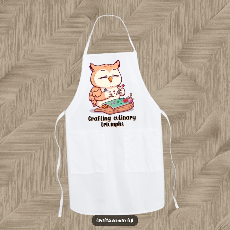 Funny owl apron with a content owl meticulously gluing decorative elements onto a craft project, ideal for protecting clothes.