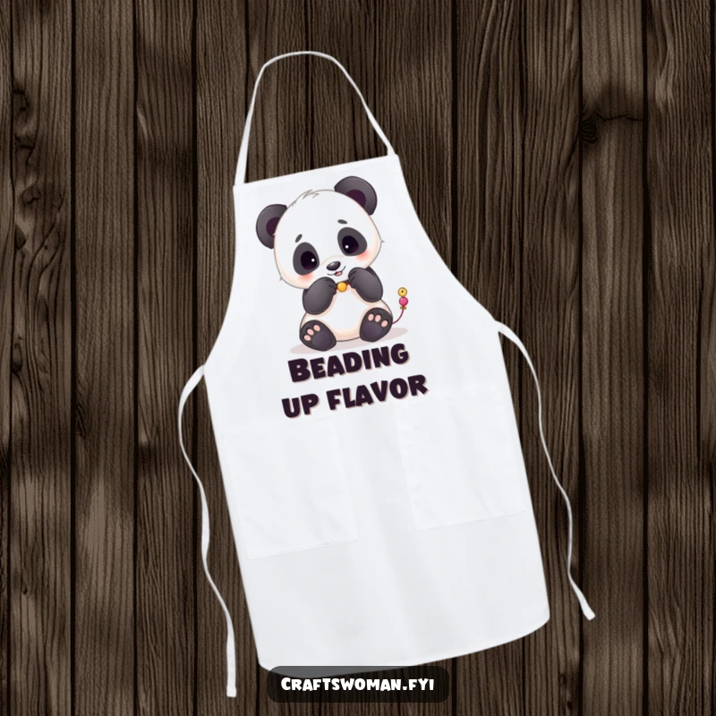 Funny apron showing a playful panda carefully placing beads onto a string with its paws, ideal for jewelry making.