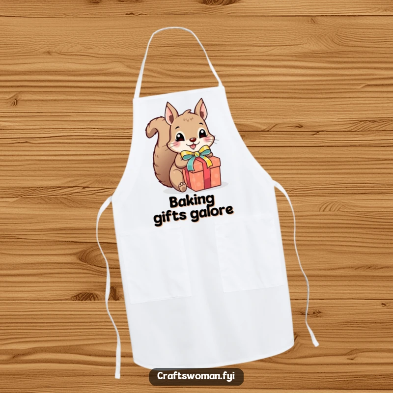 Funny squirrel gift wrapper apron, a cute squirrel excitedly wrapping a present with colorful ribbon and a bow, practical and festive kitchen wear.