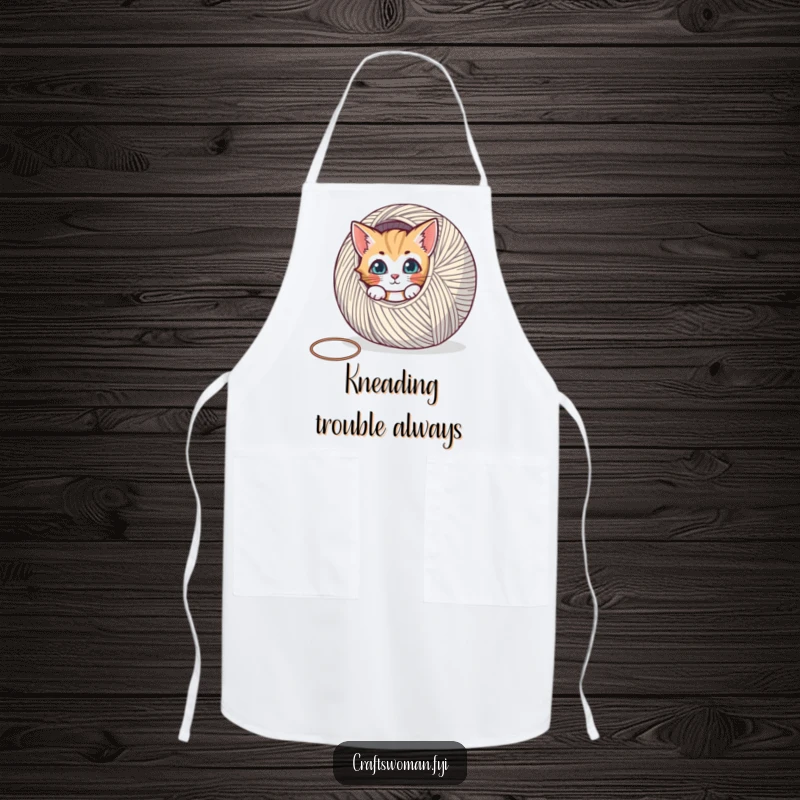 Funny apron showing a curious cat peeking from behind a giant spool of yarn, ideal for messy crafting or cooking.