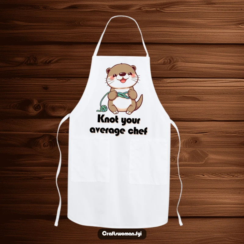 Funny otter apron with a smiling character knotting colorful yarn into a playful design, perfect for crafters.