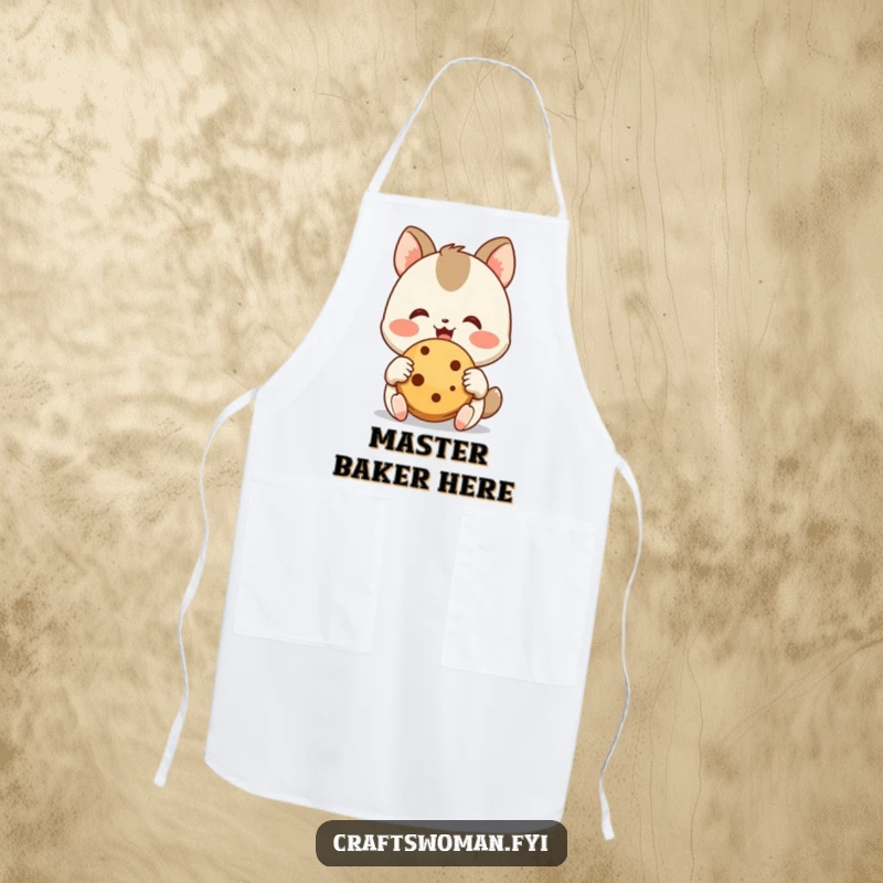 Funny Baker's Apron: A joyful animal character admires a freshly baked cookie with its happy little hands, designed for kitchen fun and protection.
