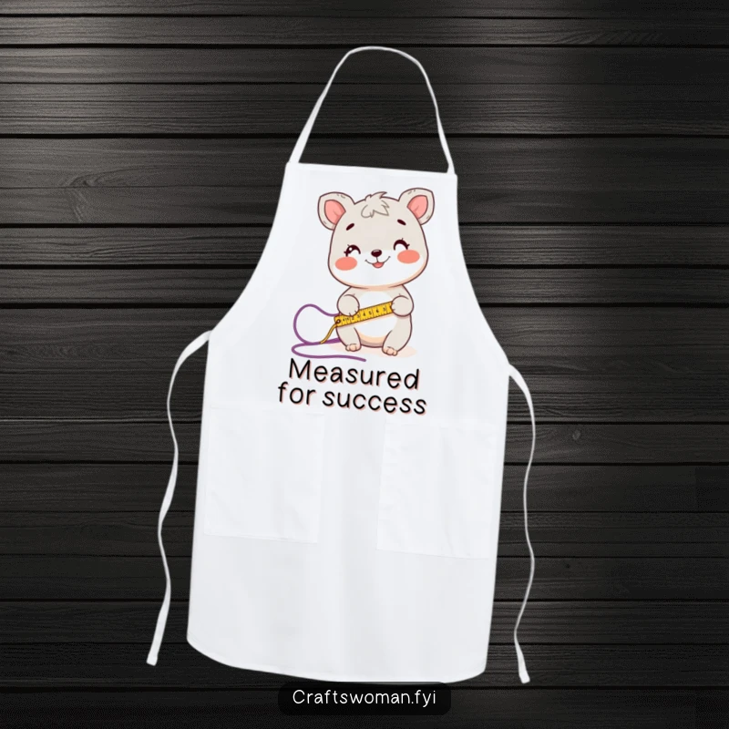Funny apron designed for knitters, showing a happy animal character measuring yarn with a tape measure, perfect for keeping clean.