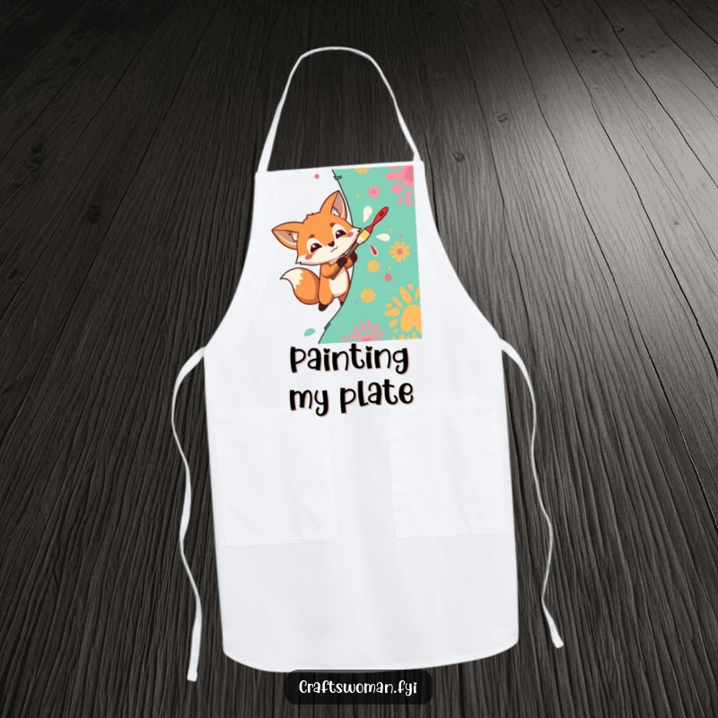 Funny Apron with a determined fox enthusiastically painting a vibrant pattern onto fabric, for tidy artists.