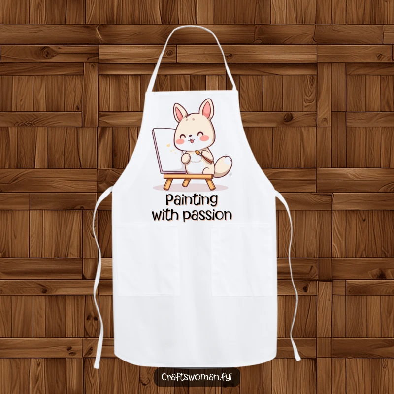 Funny apron with an animal character painting with a tiny brush, perfect for creative endeavors.