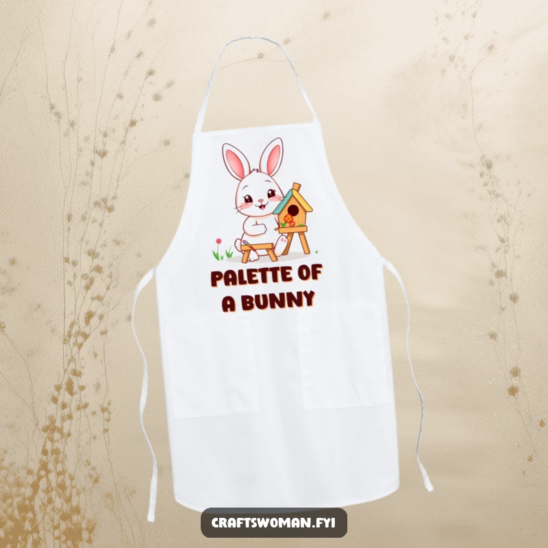 Funny happy rabbit painting a birdhouse with vibrant colors on a durable apron, perfect for artists and crafters.