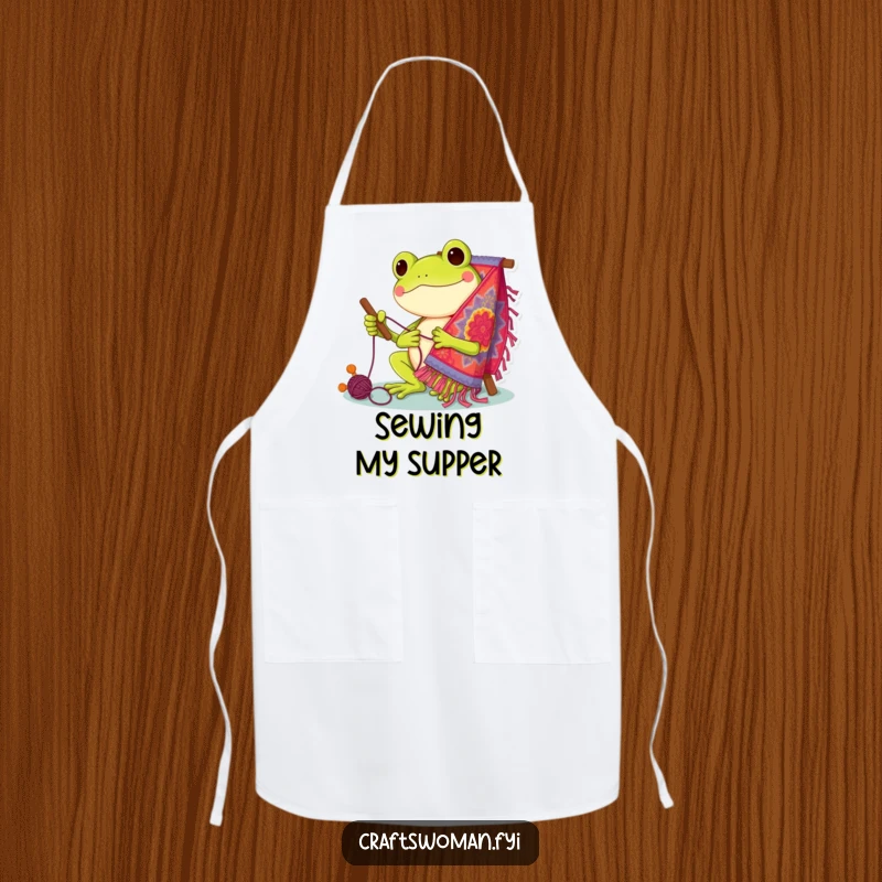 Funny Apron: Cheerful frog character busy stitching a colorful tapestry, ready for kitchen creativity.
