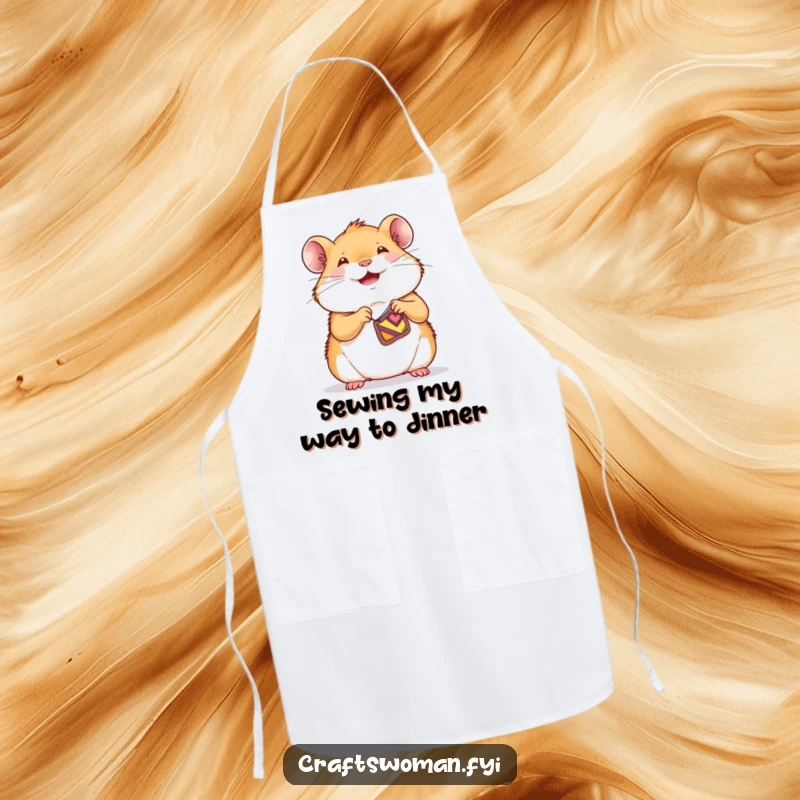 Funny hamster apron with a joyful character sewing a tiny, colorful patch onto a small garment, perfect for crafting.
