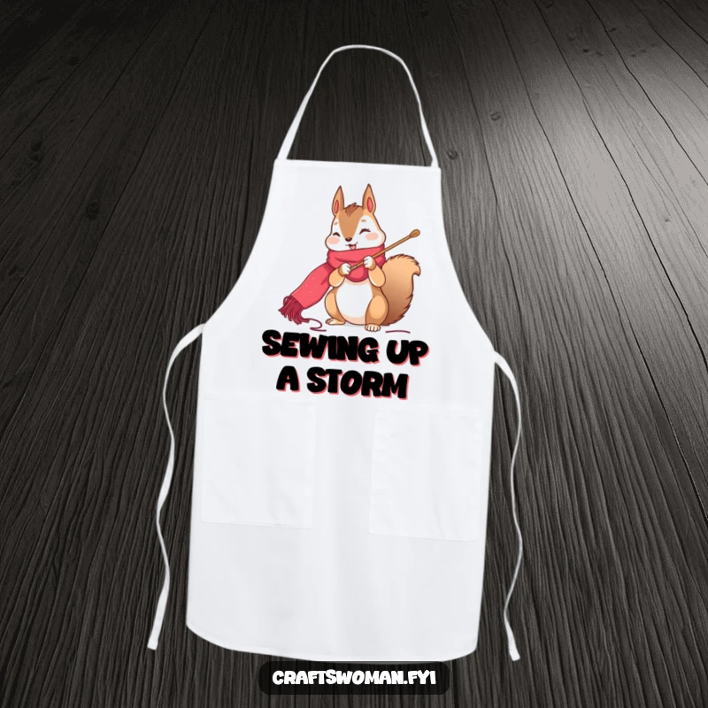 Funny squirrel apron with a cute character happily stitching a long, colorful scarf, ideal for kitchen or craft use.