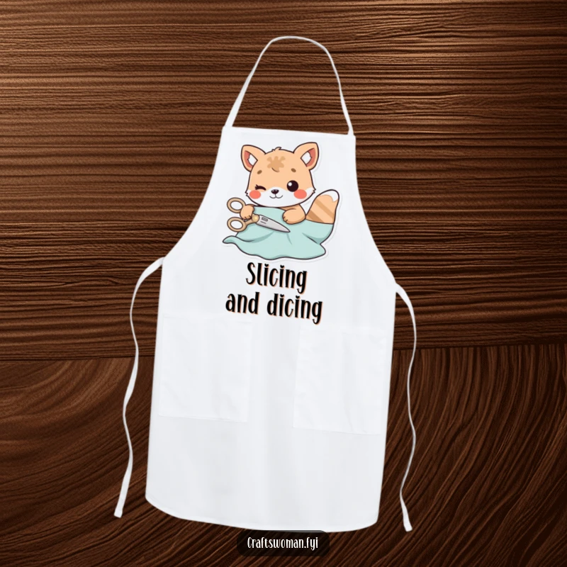 Funny apron depicting an animal character carefully cutting material with playful scissors, designed for practical crafting protection.