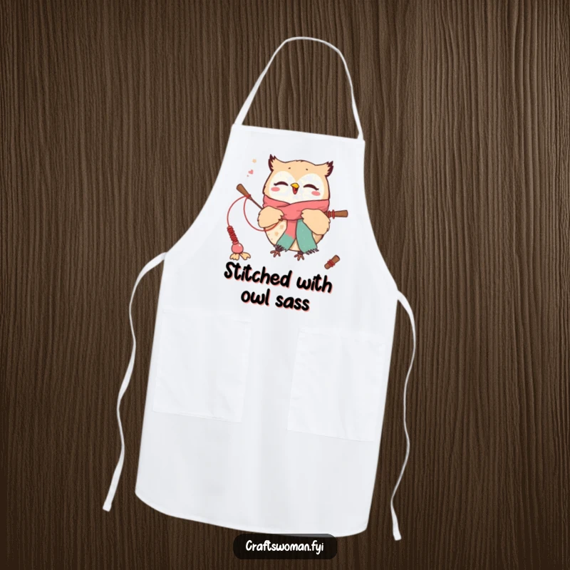 Funny apron featuring a cute owl character excitedly weaving a scarf with oversized needles, perfect for protecting clothes during crafts.