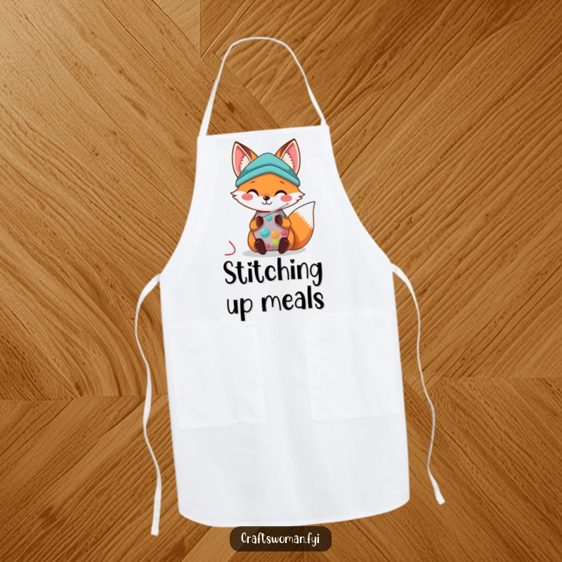 Kawaii Fox Apron: A cute fox smiles while sewing colorful fabric with a needle, bringing charm to crafting.