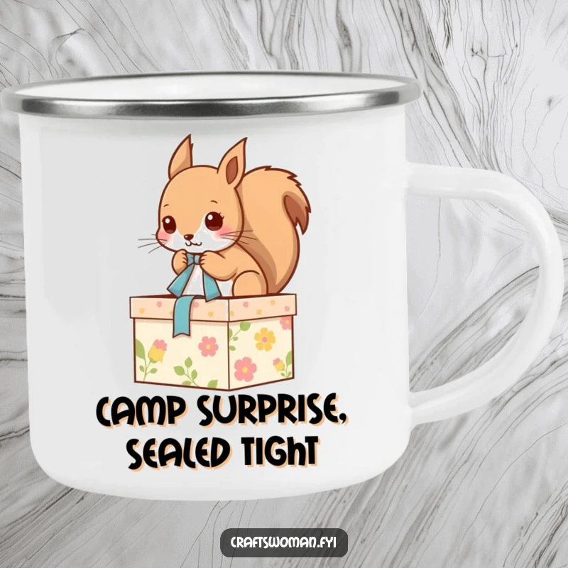 Funny camping mug showing a dedicated squirrel tying a ribbon on a decorated gift box, perfect for enjoying beverages in the great outdoors.