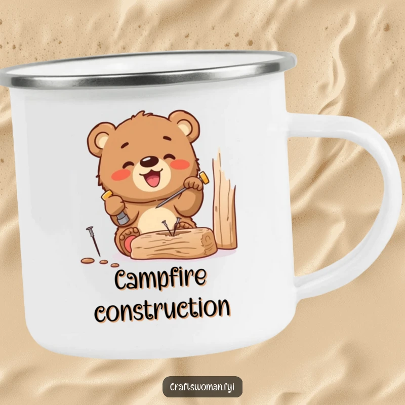 Funny camping mug with a gleeful bear cub hammering a tiny nail outdoors, evoking a sense of adventure and DIY cubby humor for your travels.