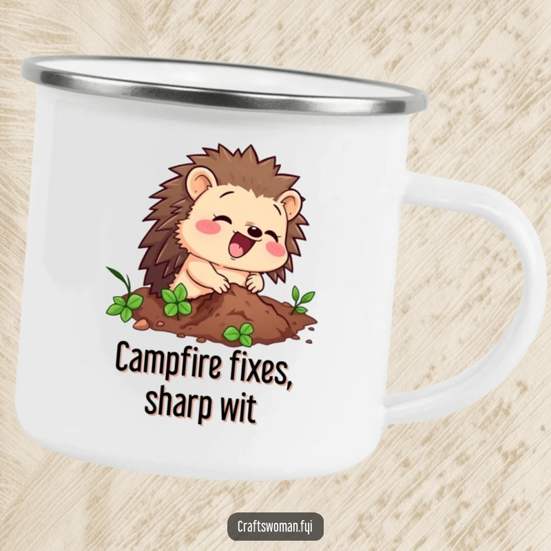 Funny camping mug featuring a delighted hedgehog character hammering a tiny nail, ideal for outdoor DIY enthusiasts.