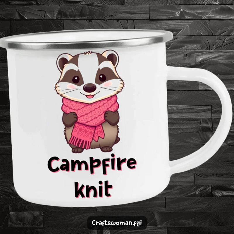 Funny camping mug featuring a proud badger holding a knitted scarf, ideal for outdoor knitting enthusiasts.