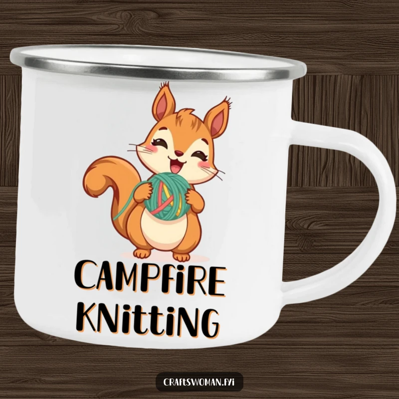 Funny Squirrel Yarn Camping Mug featuring a cute squirrel excitedly holding yarn, mid-stitch, ready for outdoor crafting.
