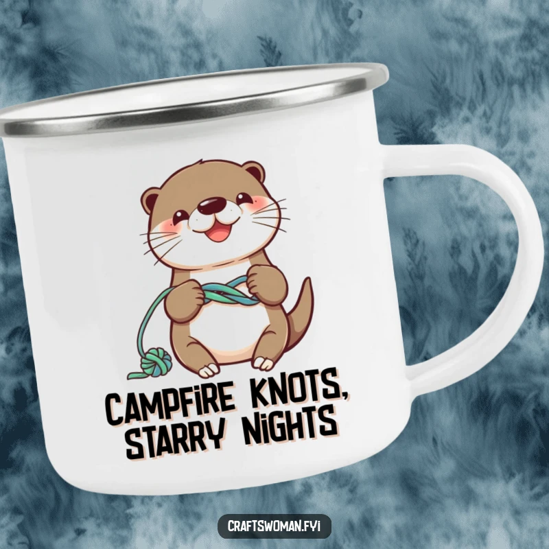 Funny otter camping mug with a smiling character knotting colorful yarn into a playful design, for outdoor crafters.