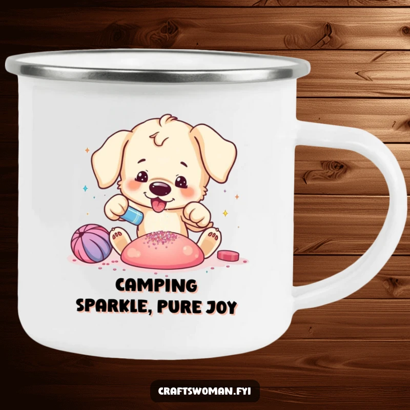 Funny puppy camping mug featuring a playful puppy excitedly adding glitter to a vibrant craft creation, perfect for outdoor lovers.