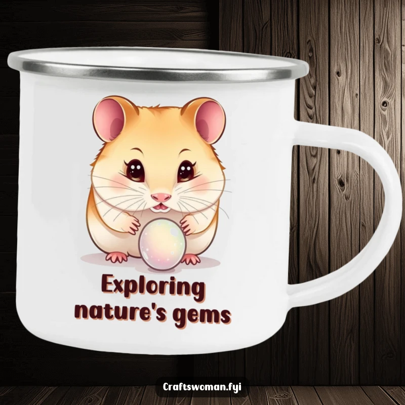 Funny hamster camping mug showing a curious hamster inspecting a tiny bead with wide eyes, ideal for outdoor humor.