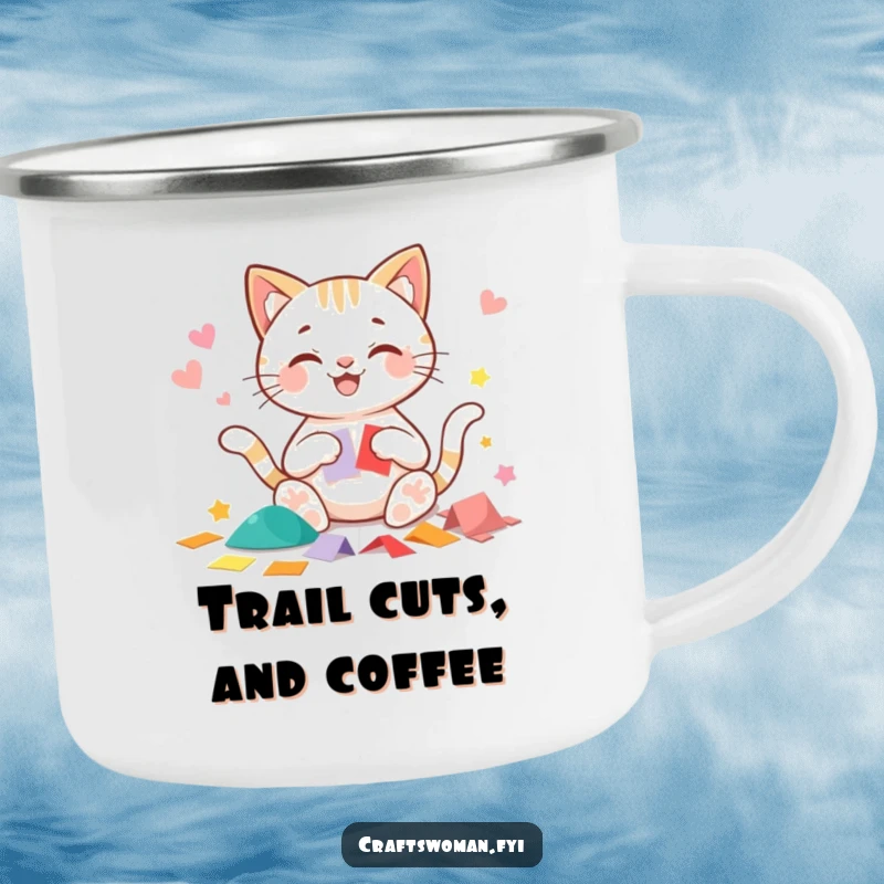 Funny cat camping mug featuring a beaming cat character happily cutting precise shapes from colorful paper, perfect for outdoor lovers.