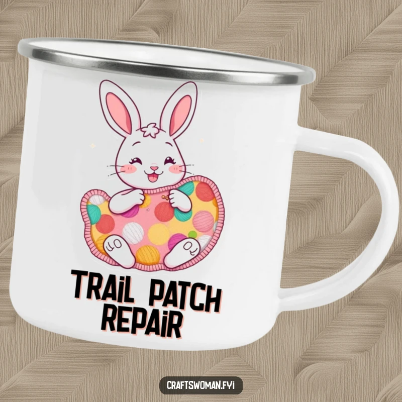 Funny cheerful bunny camping mug with a bunny enthusiastically sewing a large, colorful patch, perfect for warm beverages outdoors.