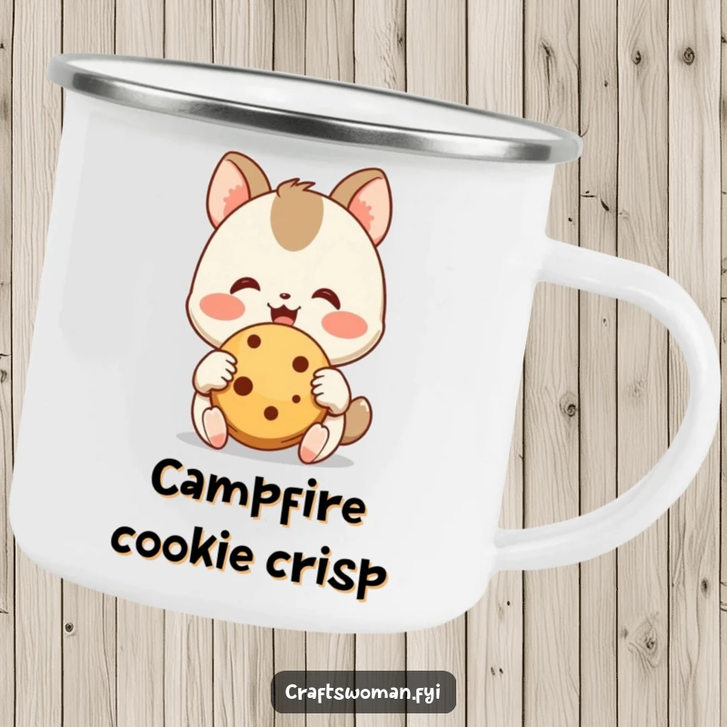 Funny Cookie Campfire Mug: A joyful animal character admires a freshly baked cookie with its happy little hands, perfect for enjoying beverages outdoors.