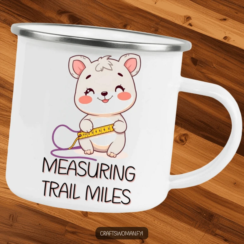 Funny camping mug featuring a happy animal character measuring yarn with a tape measure, ready for portable crafting projects.