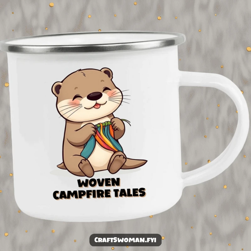Funny camping mug featuring a gleeful otter skillfully weaving colorful threads, sturdy and fun for outdoor beverage enjoyment.