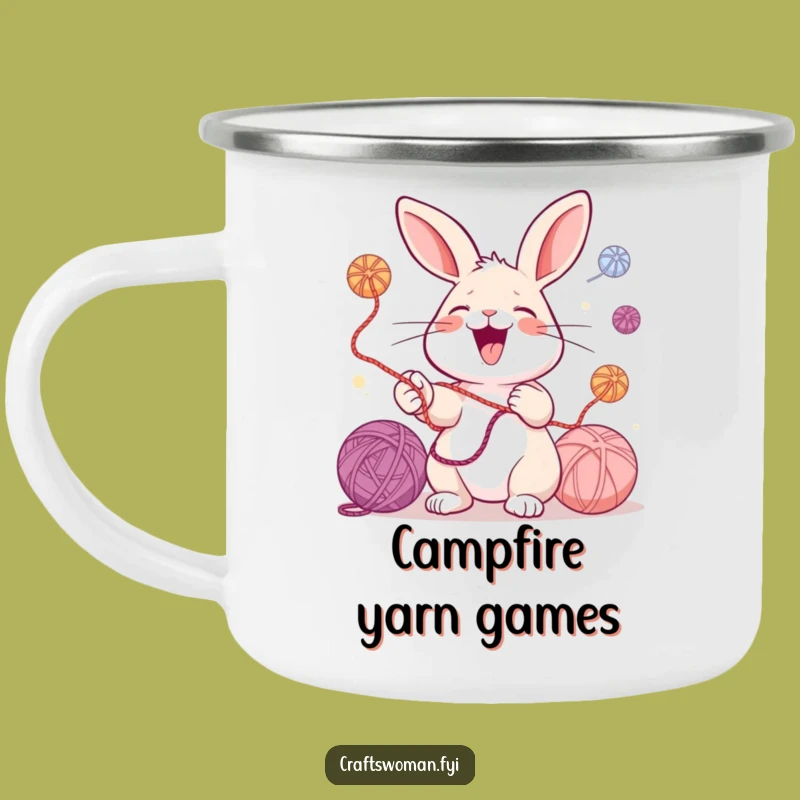 Funny Rabbit Adventure Mug: Juggling Yarn by the Campfire