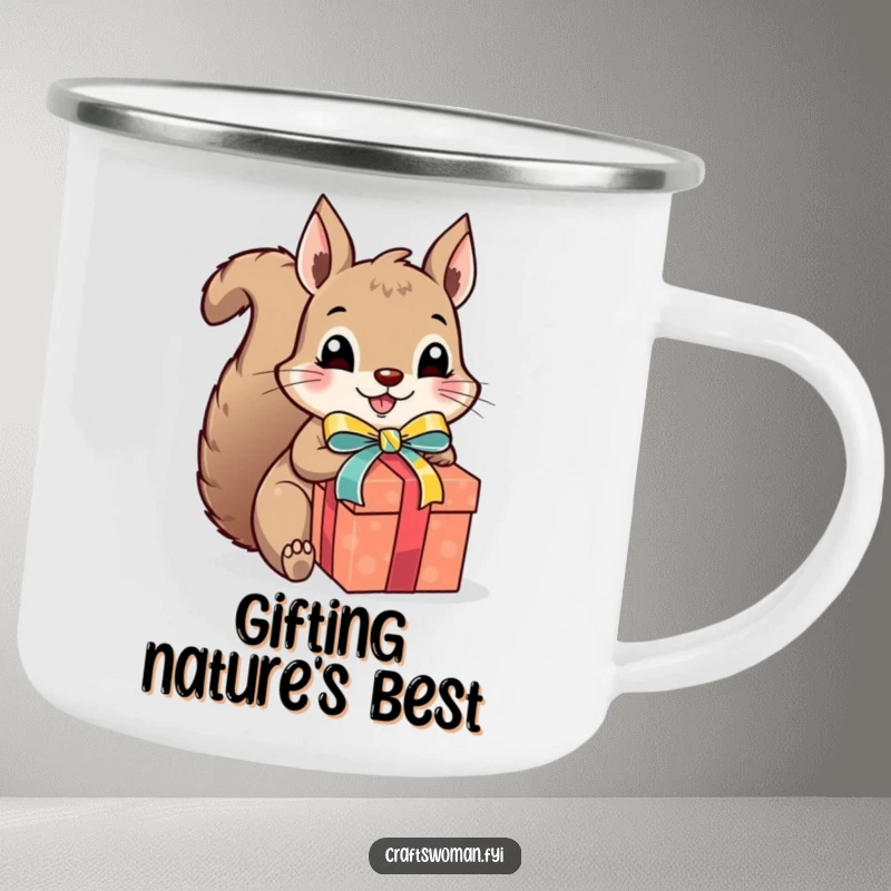 Funny squirrel gift wrapper camping mug, a cute squirrel excitedly wrapping a present with colorful ribbon and a bow, sturdy and festive outdoor drinkware.