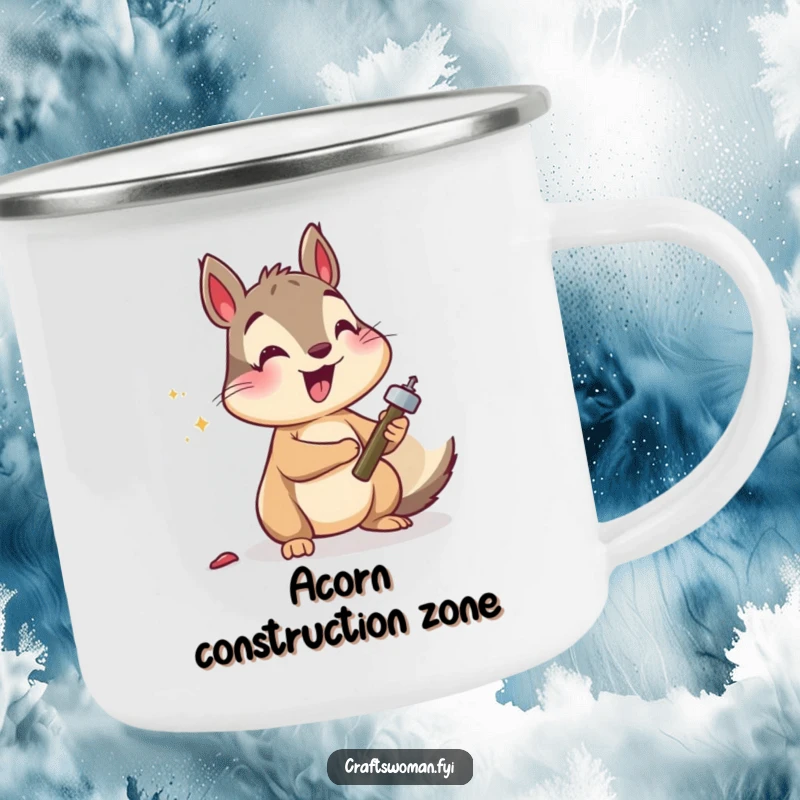 Funny squirrel camping mug illustration of a determined squirrel happily hammering a tiny nail, ideal for outdoor adventures.