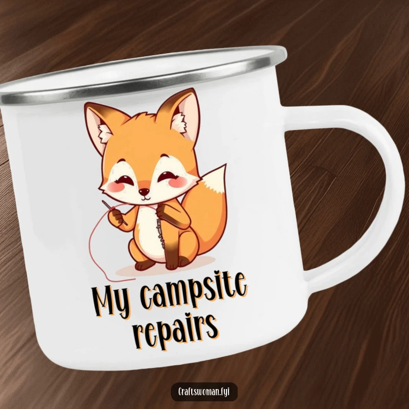 Funny fox mending a ripped seam with needle and thread on a sturdy camping mug, perfect for outdoor enthusiasts.